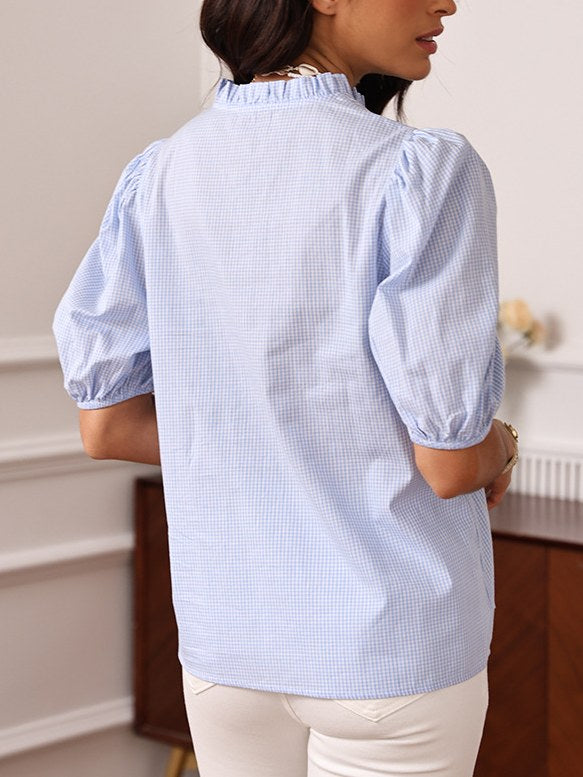 Plaid Floral Embroidered Ruffled  Shirt