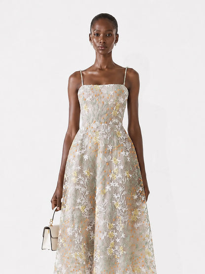 Salma Floral-Embroidered Spaghetti-Strap Midi Dress