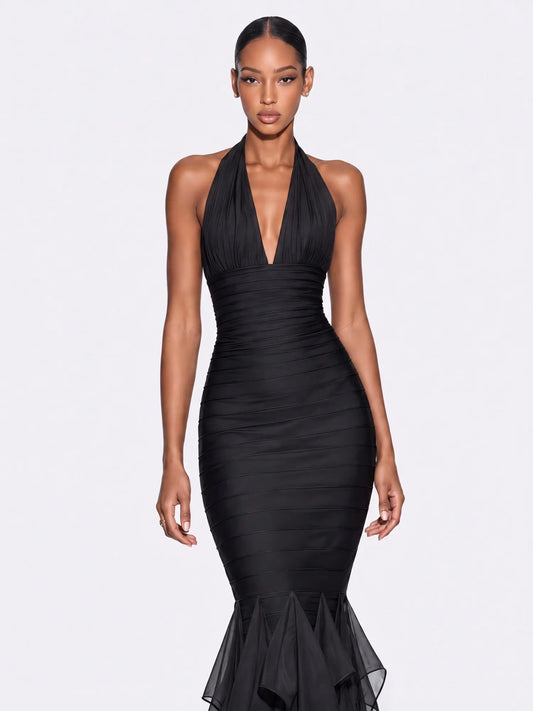 Coraline Halter-Neck Ruffled Backless Maxi Dress