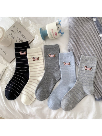 Rufia - Cute Dog Embroidered Mid-calf Socks