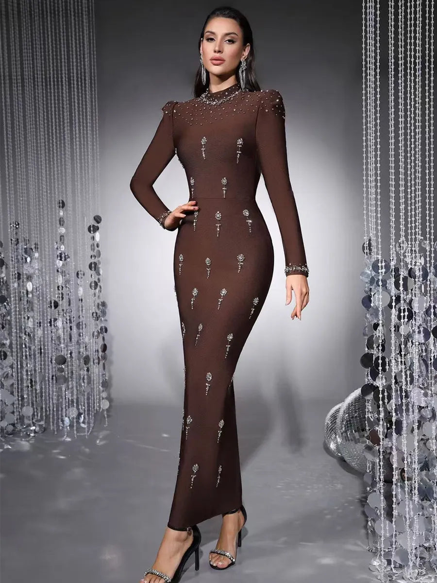 Brielle Sequined Long-Sleeve Bandage Maxi Dress
