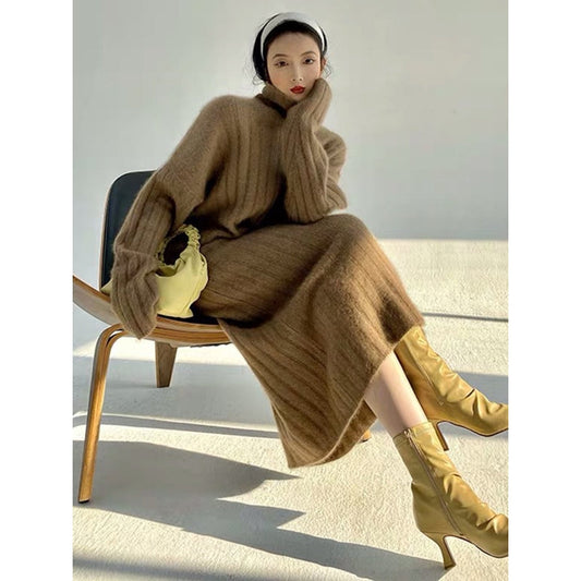 Simple Loose Long Sleeves Keep Warm Solid Color High-Neck Sweater Dresses