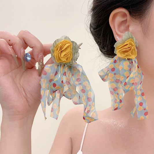 Earwish - Playful Floral &amp; Polka Dot Long Earrings - Cheerful &amp; Retro