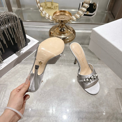 CD 26 High-Heeled Mules 85mm Pearl Gray Leather 592247