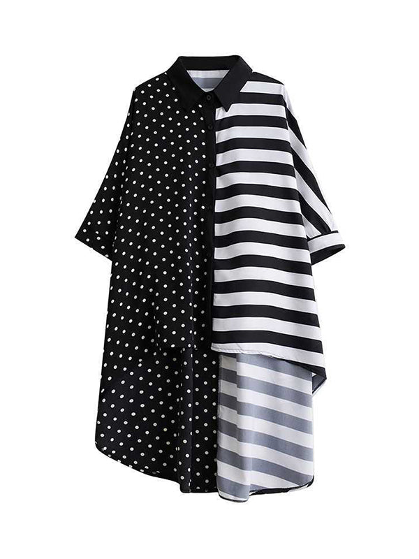 Batwing Sleeves Half Sleeves Buttoned Polka-Dot Striped Lapel Blouses&Shirts Tops
