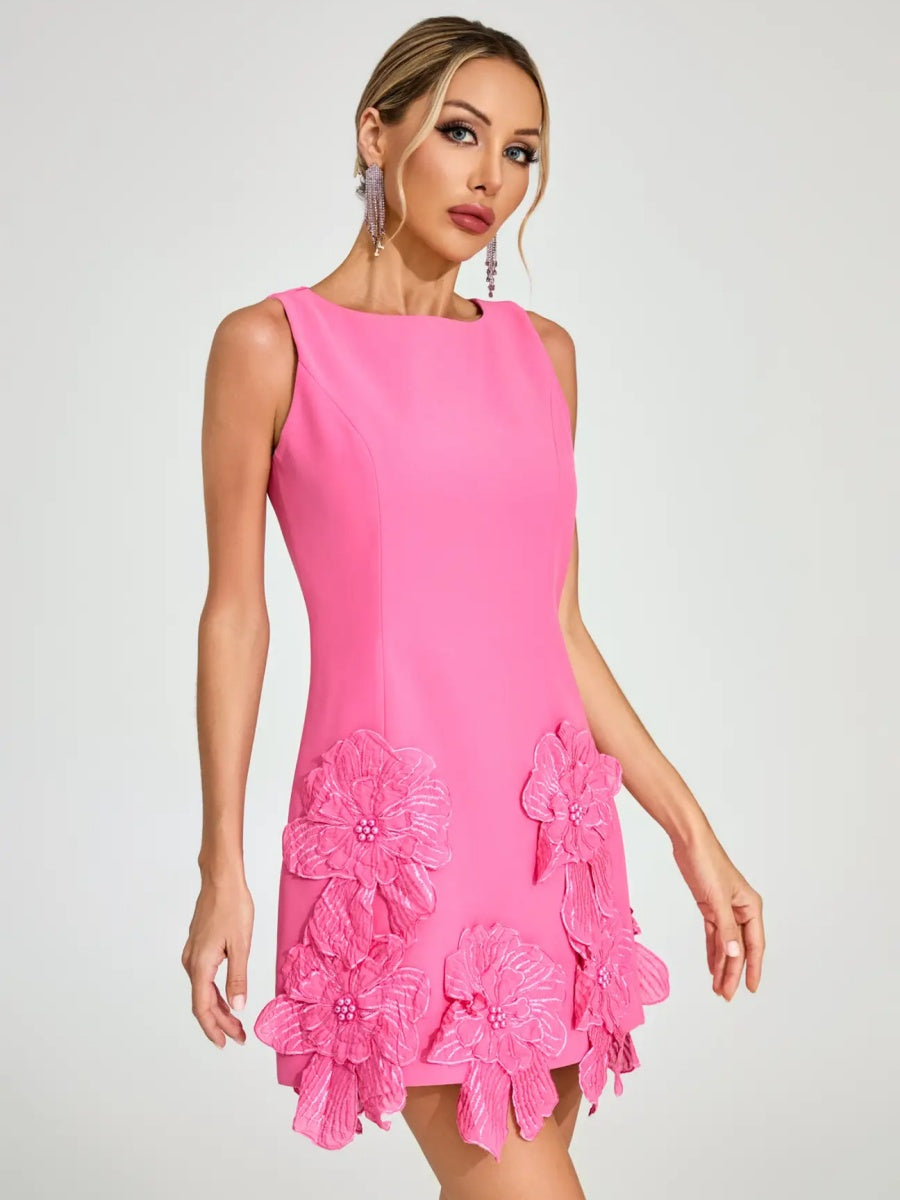 Gia Structured 3D Floral Applique Mini Dress in Pink