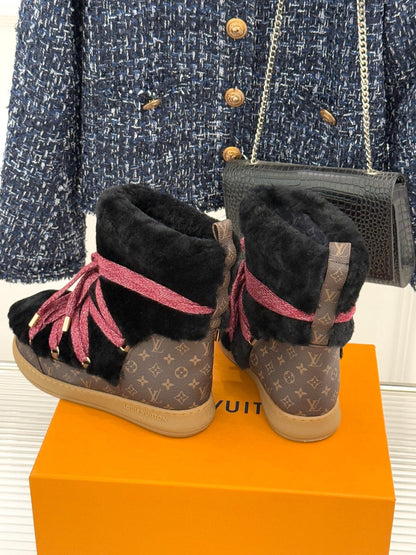 LV Cloud Lace-Up Ankle Boot Sneaker Black-Red Shearling Monogram Canvas 572470