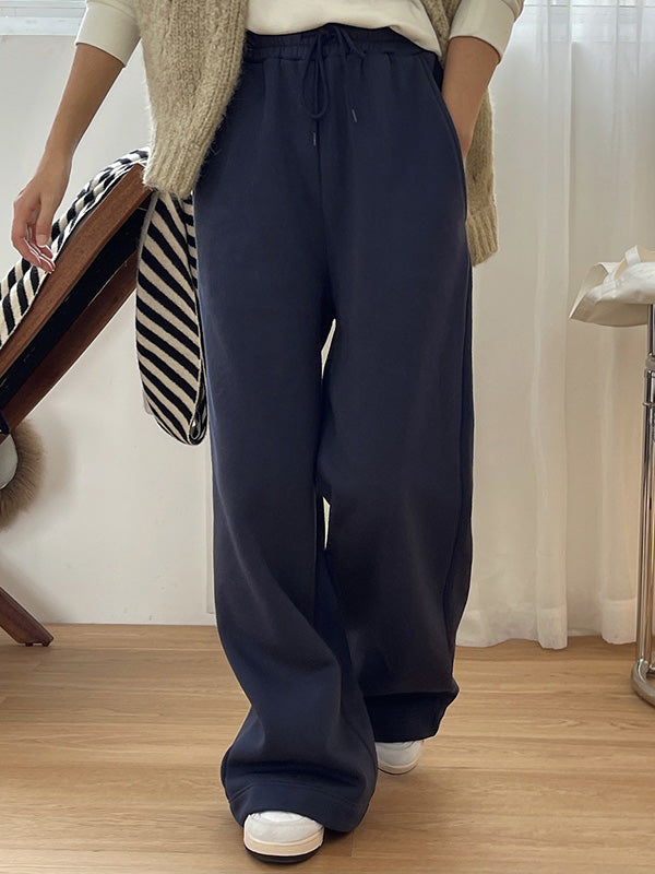 Simple Wide Leg Loose Velvet Drawstring Solid Color Casual Pants Bottoms
