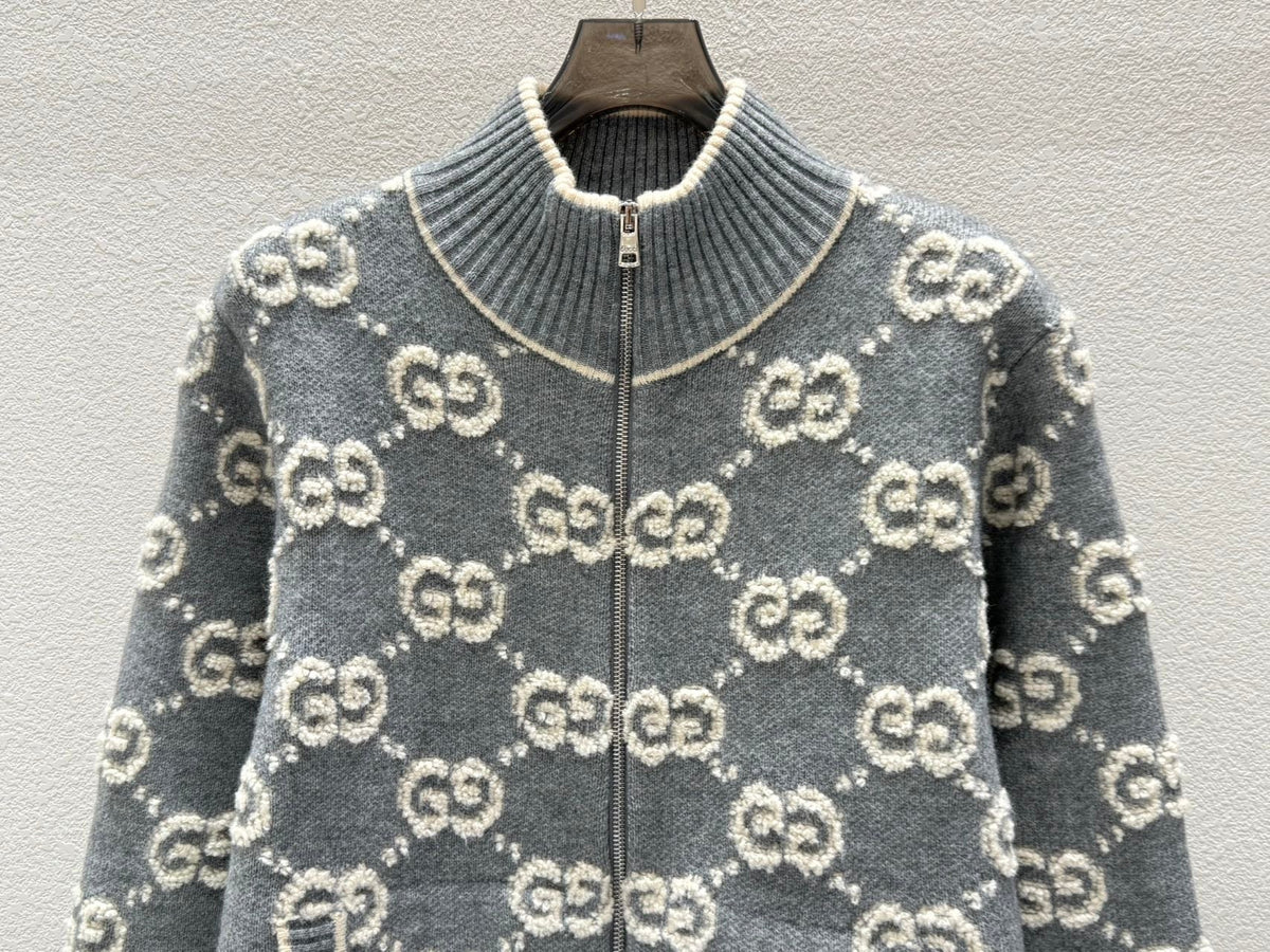 Gucci Zipper Cardigan Gray White Wool 304012