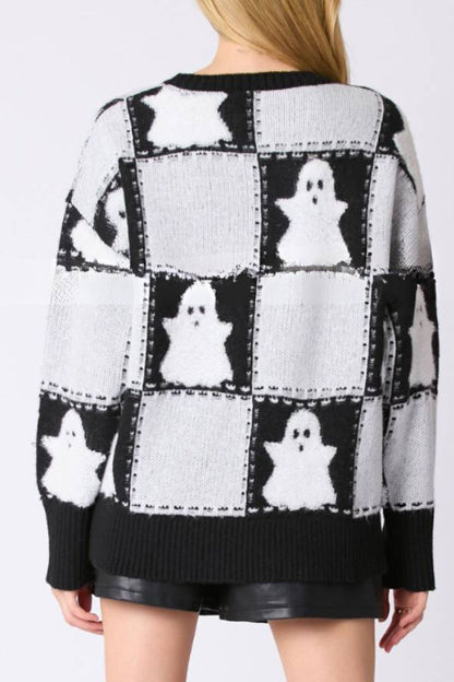 Halloween Ghost Plaid Crew Neck Sweater