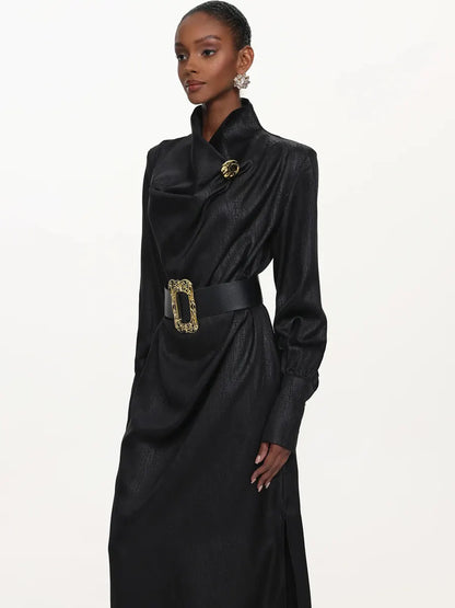Azariah Cowl Neck Long Sleeve Belted Maxi Dress