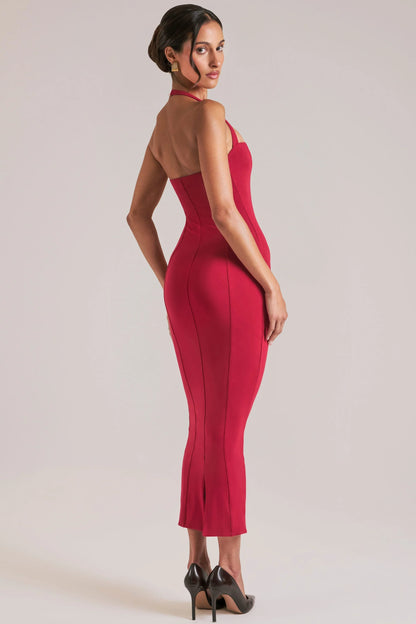 Halterneck Midaxi Dress in Cherry Red