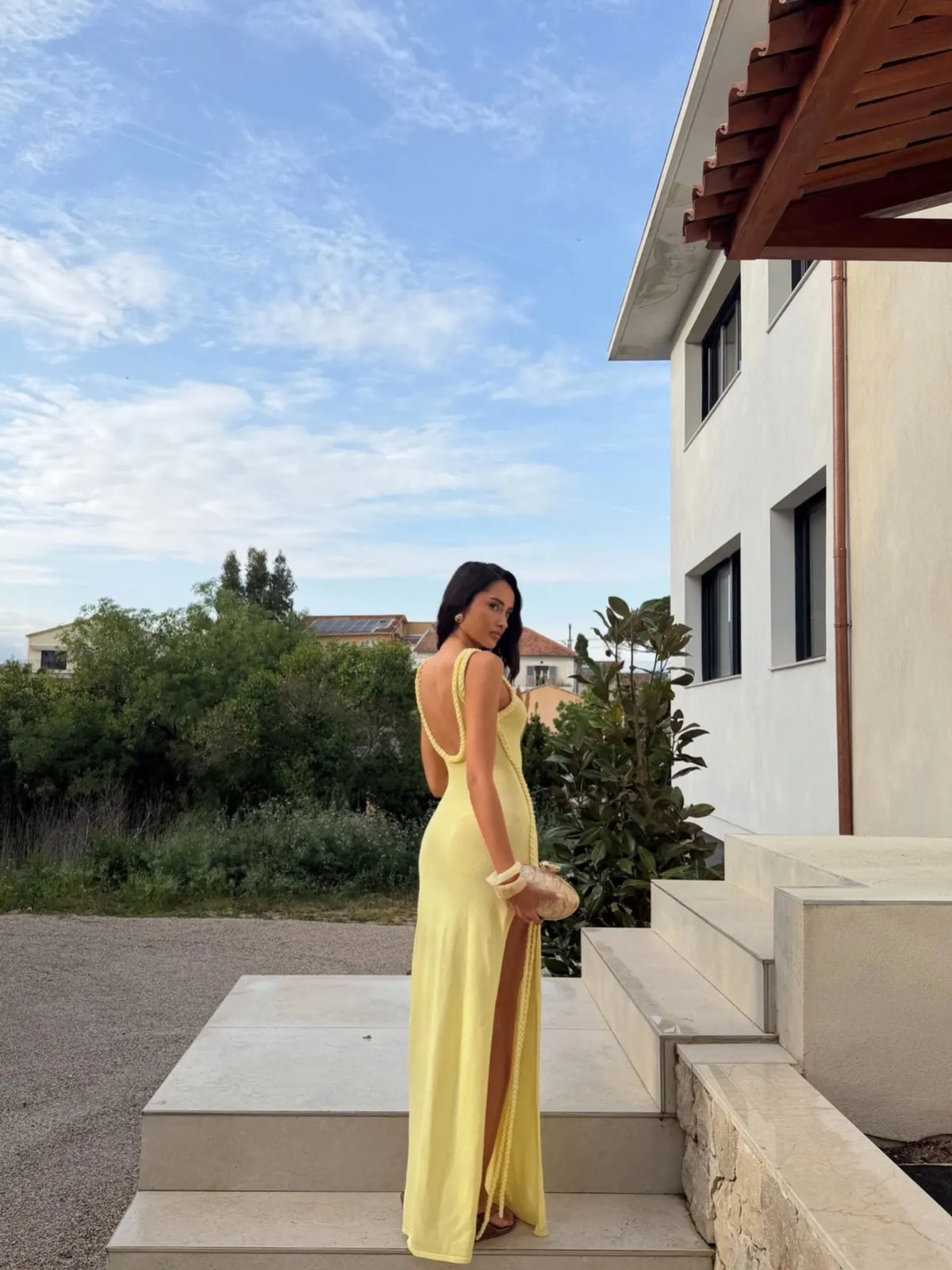 Elara Braided Trim Cutout Knit Maxi Dress in Yellow