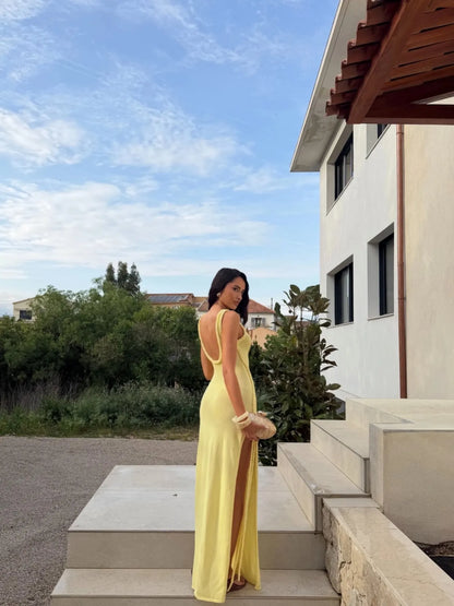 Elara Braided Trim Cutout Knit Maxi Dress in Yellow
