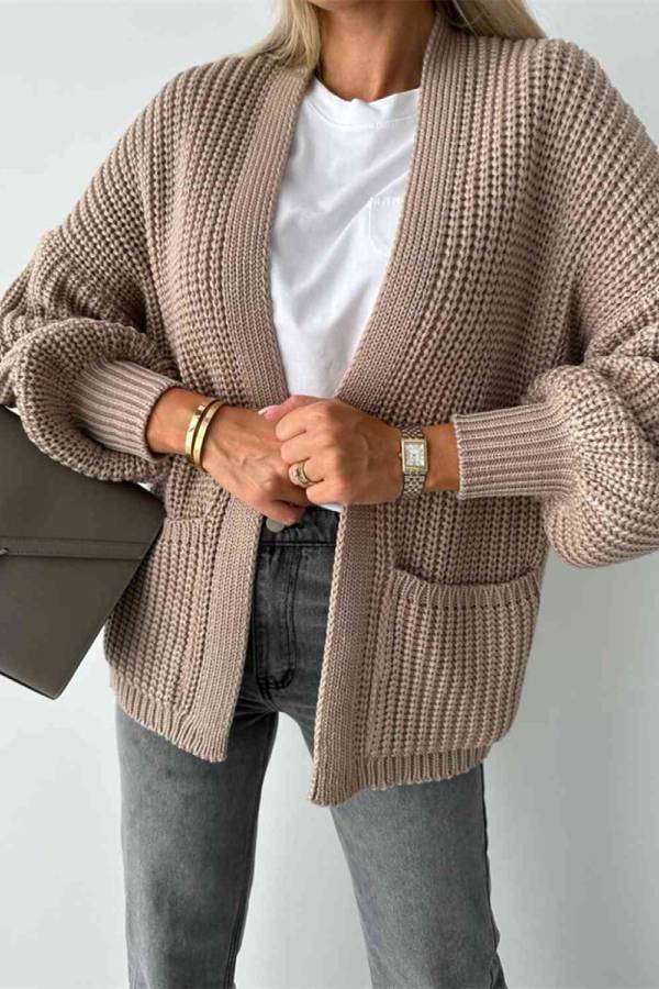 Solid Color V-neck Long-sleeved Casual Knitted Cardigan