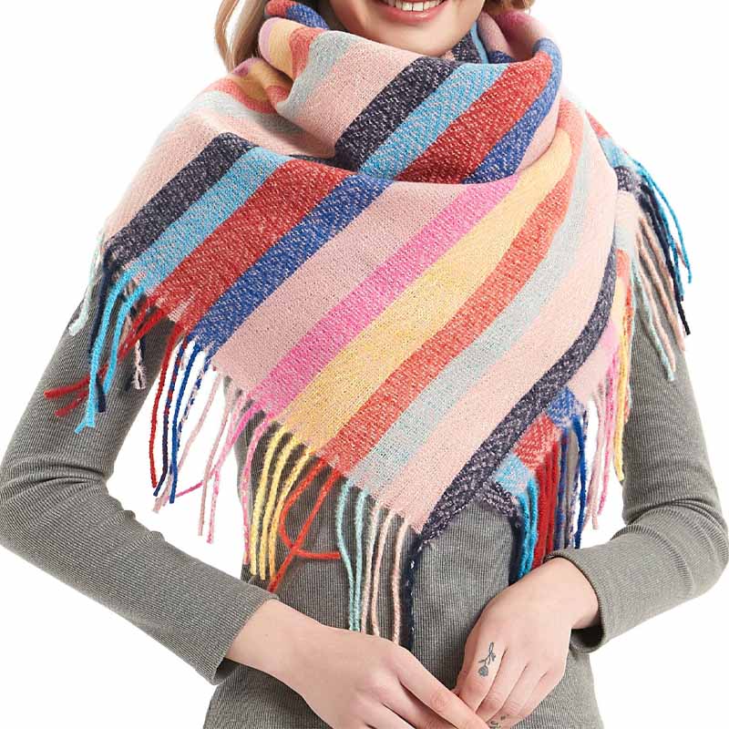 Winter Color Block Striped Tassel Square Scarf