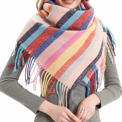 Winter Color Block Striped Tassel Square Scarf
