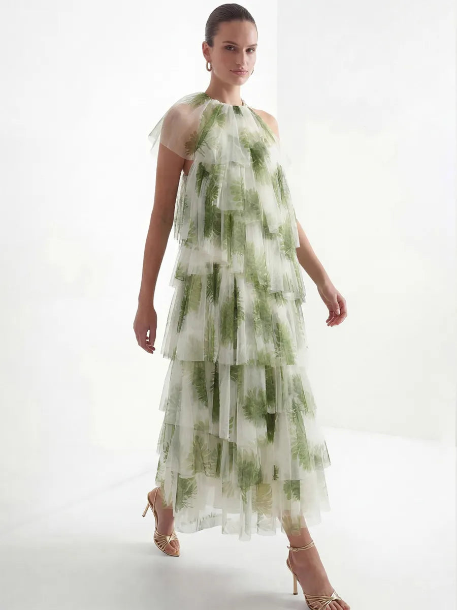 Emilia Green Leaf Print Tiered Tulle Maxi Dress