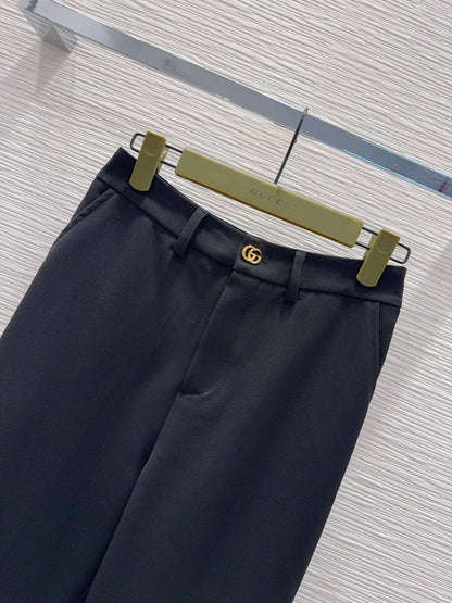 GG Crêpe Elegant Trousers With Double G Button Black Wool 346702