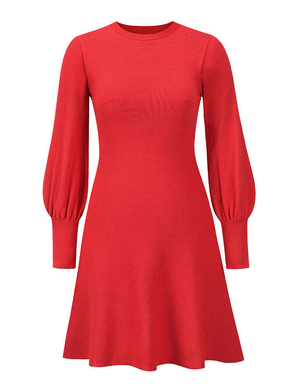 Puff Sleeves Wrap Solid Color Round-Neck Mini Dresses