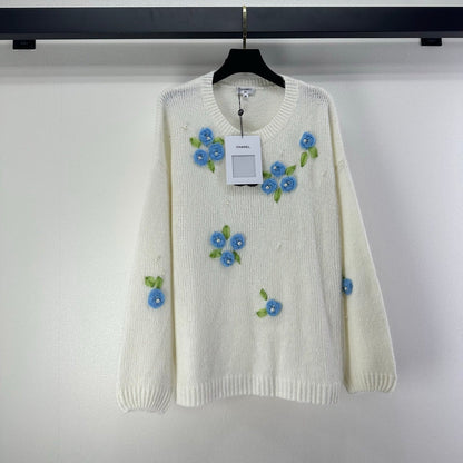 CC Floral Long-Sleeved Sweater White Wool Nylon 345973