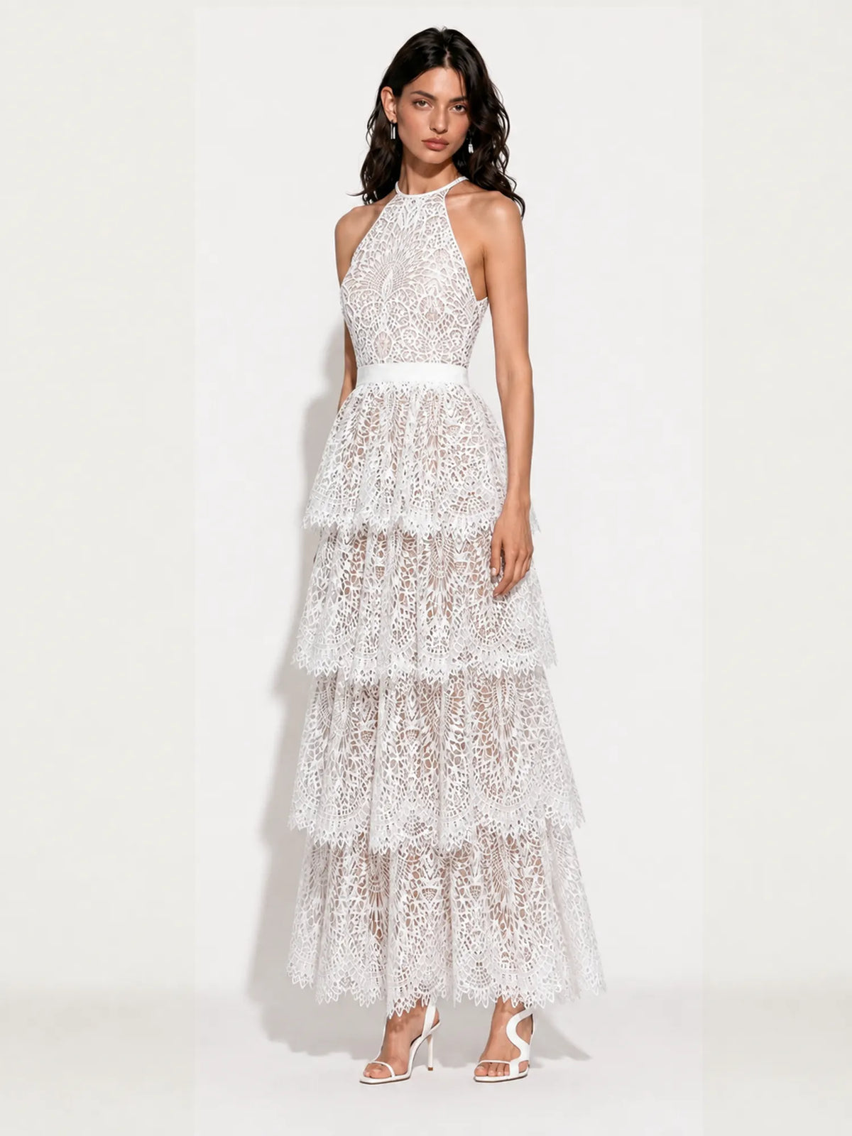 Amabel Lace-Embroidered Cut-Out Halter Maxi Dress