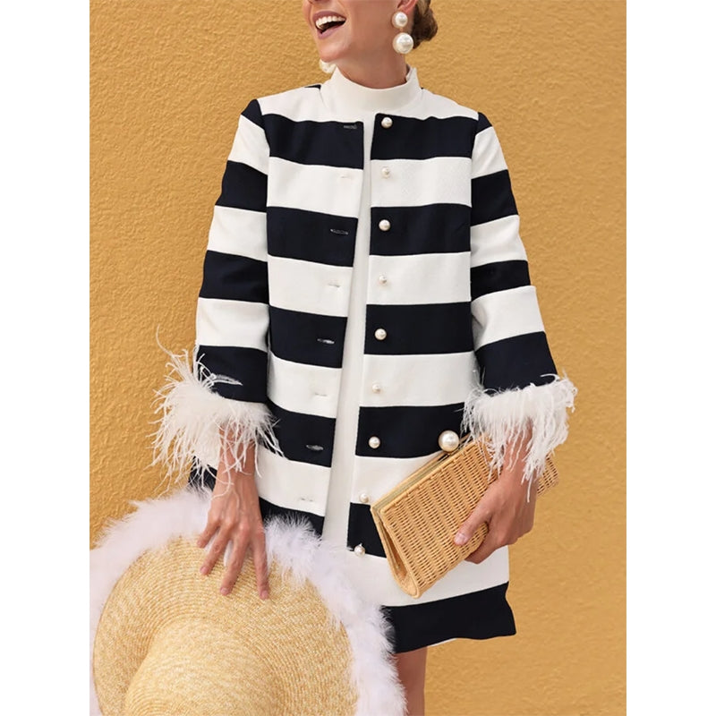 Loose Three-quarter Sleeves Buttoned Striped Round-neck Jackets&Coats Outerwear