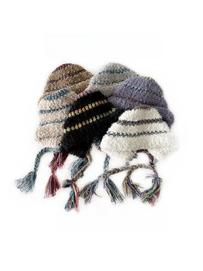 Haila - Winter Striped Knitted Beanie with Cute Braids
