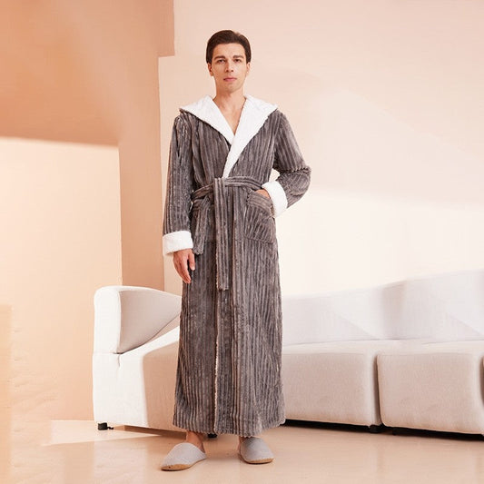Men's Extra Long Fleece Striped Hooded Robe