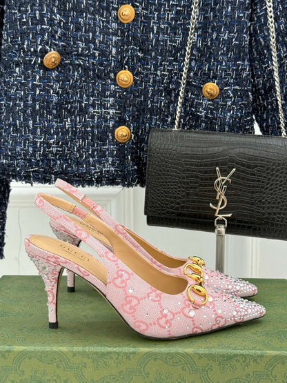 GG Horsebit Slingback 85MM Beige Pink Monogram Canvas Point Toe Crystal-Embellished