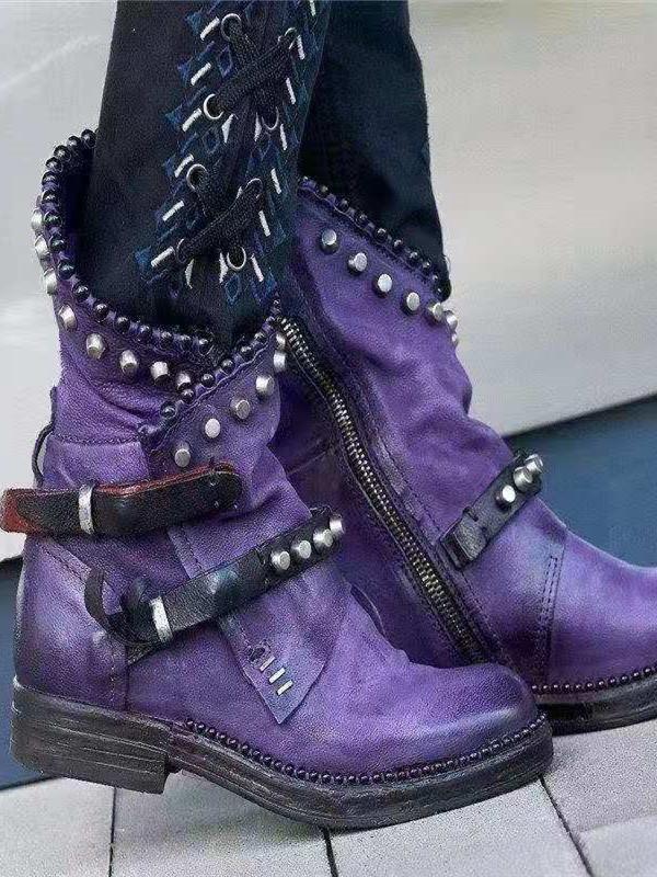 Autumn Winter Woman Mid-Calf Pu Leather Round Toe Shoes Low Heel Rivet Cool Motorcycle Boots