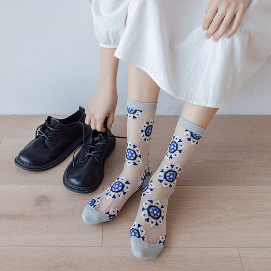 Rufia - Elegant Floral Patterned Mid-Calf Socks