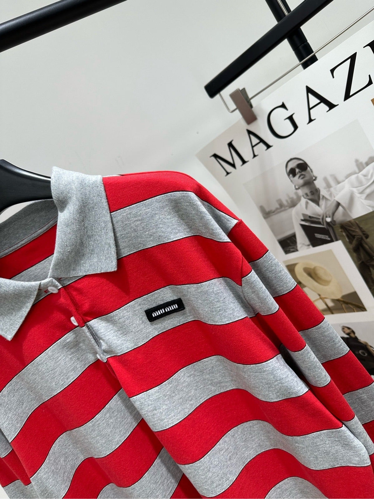 Miu 26s Striped Jersey Polo Shirt Red Gray Cotton 349696