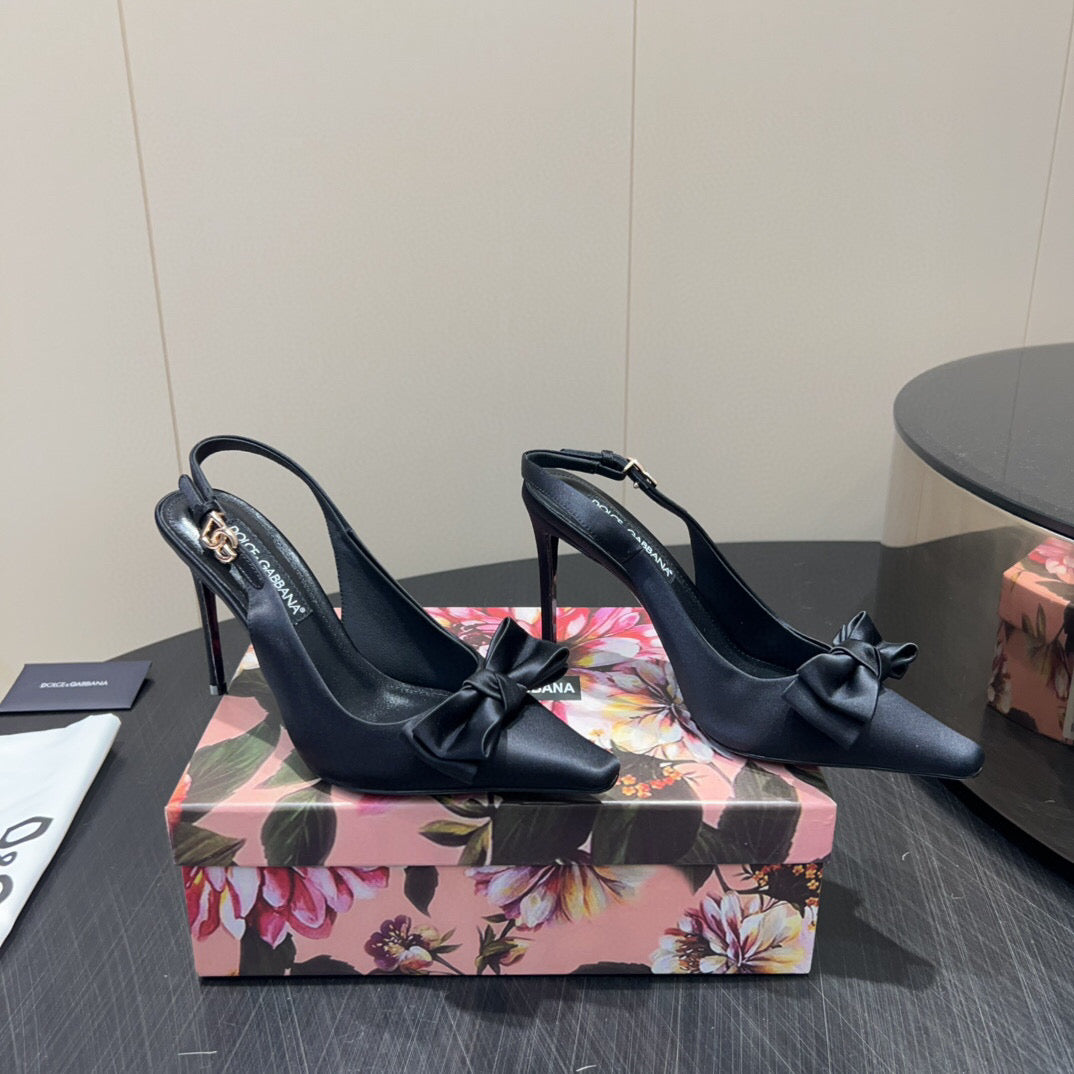 DG Bow Slingbacks 10cm High Heel Black Silk
