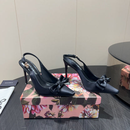 DG Bow Slingbacks 10cm High Heel Black Silk