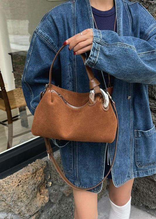 Suede Shoulder and Crossbody Bag With Leather Straps
