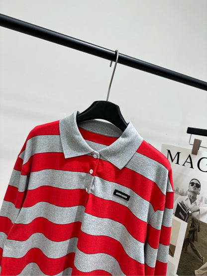 Miu 26s Striped Jersey Polo Shirt Red Gray Cotton 349696