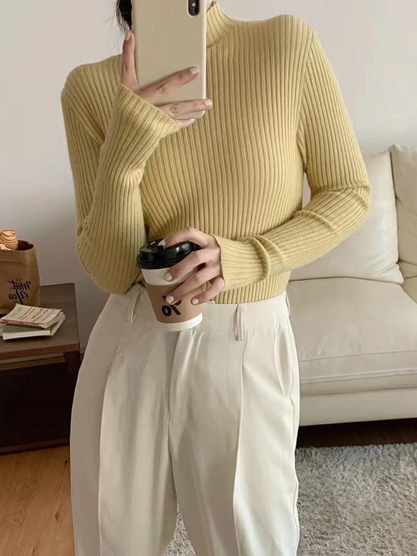 Long Sleeves Skinny Solid Color Mock Neck Knitwear Pullovers Sweater Tops