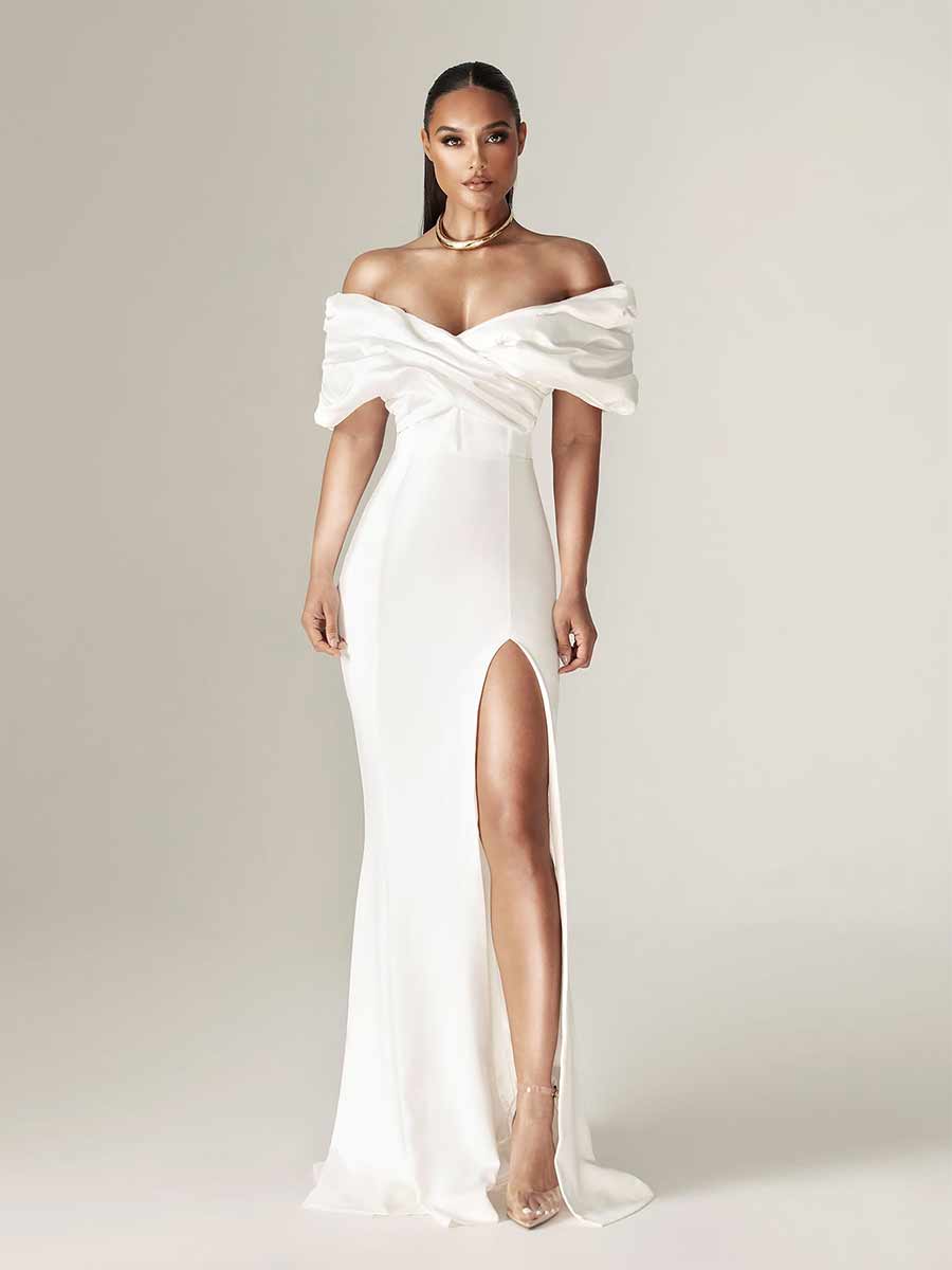 Nevaeh Crepe Ruffle Shoulder Maxi Dress