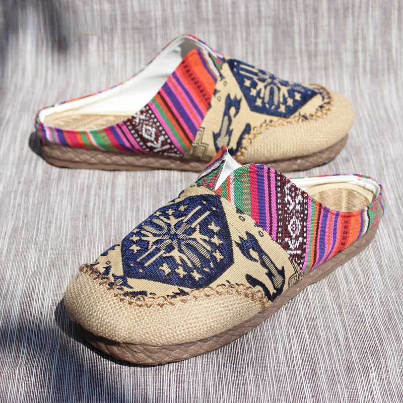 Lazy Shoes, Handmade Shoes, Cloth Shoes, Ethnic Style Beef Tendon Bottom Couple Style Linen Women'S Slippers