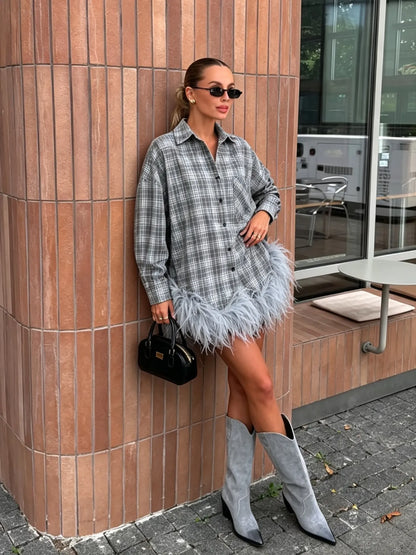 Kaelin Plaid Feather Trim Mini Shirt Dress In Grey