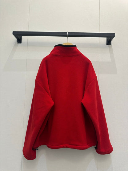 Miu Embroidered Fleece Hooded Zip-Up Jacket Red Cashmere 346102