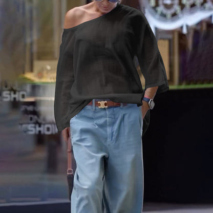 Long Sleeves Loose Solid Color One-Shoulder T-Shirts Tops