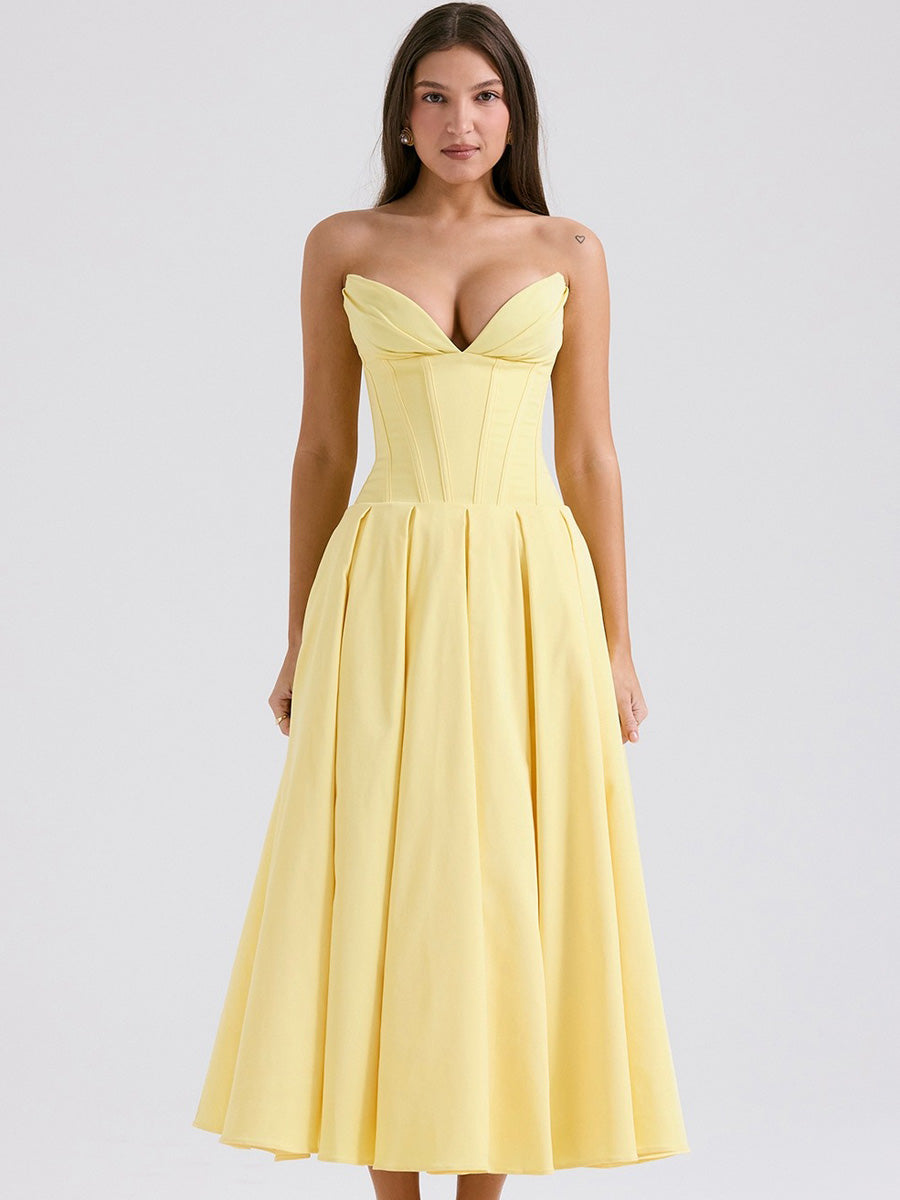 Ruby Off-Shoulder Corset Midi Dress In Yellow