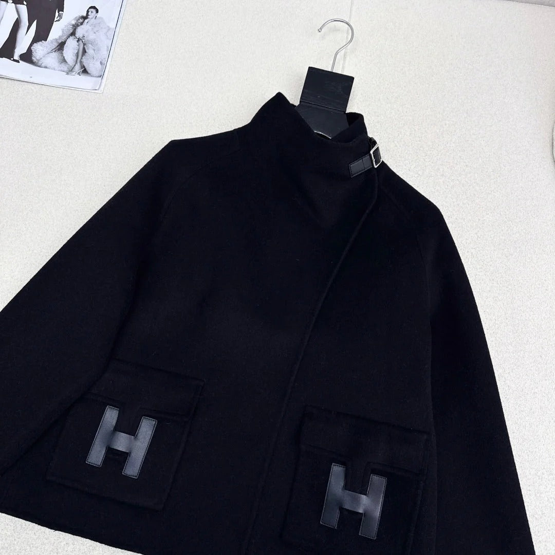 HERMES 25S DOUBLE-FACED WOOL STAND-COLLAR COAT 187