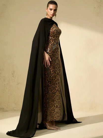 Celestia Leopard Print Sequin Maxi Dress & Cape Set
