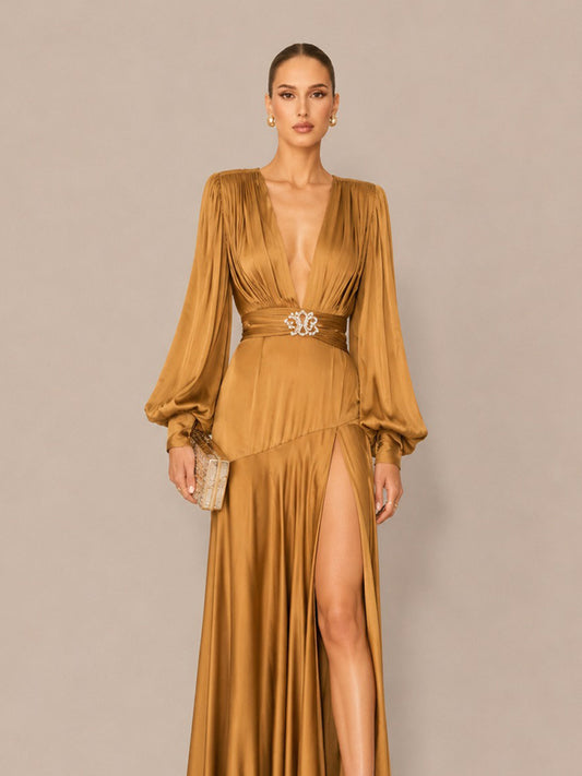 Camila Deep-V Pleated Long-Sleeve Maxi Dress