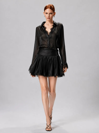 Arabella Lace-Panel Shirt and Mini Skirt Set