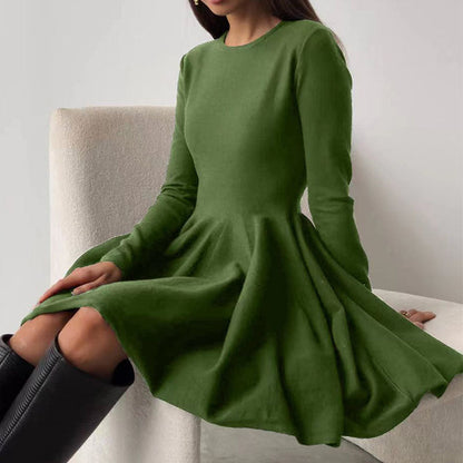 Elegant Round Neck Long Sleeve Flare Mini Dress