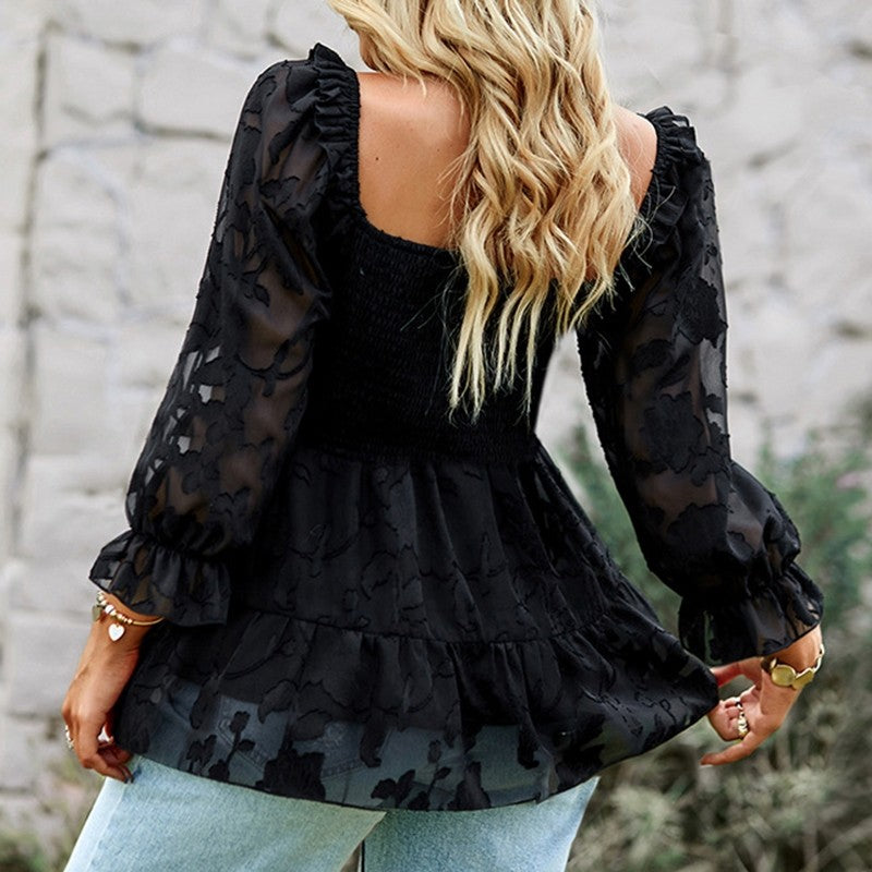 Square Neck Ruched Long Sleeve Blouse